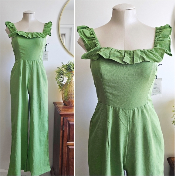 Japna Pants - NWT Nordstrom Japna Cotton Linen Blend Frilled Square Neck Green Jumpsuit Size S
